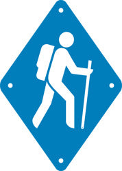 white Hiker silhouette with Backpack and Walking Stick on sky blue diamond-shaped background with holes in four corners, approx 17cm/6.65