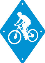 white silhouette of Mountain Biker on sky blue diamond-shaped background with holes at four corners of diamond