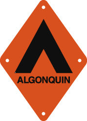 black silhouette of Tent over word Algonquin on bright orange diamond-shaped background with holes in four corners, approx 17cm/6.65