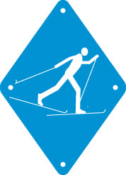 white silhouette of Cross-country Skier on sky blue diamond-shaped background with holes in four corners, approx 17cm/6.65